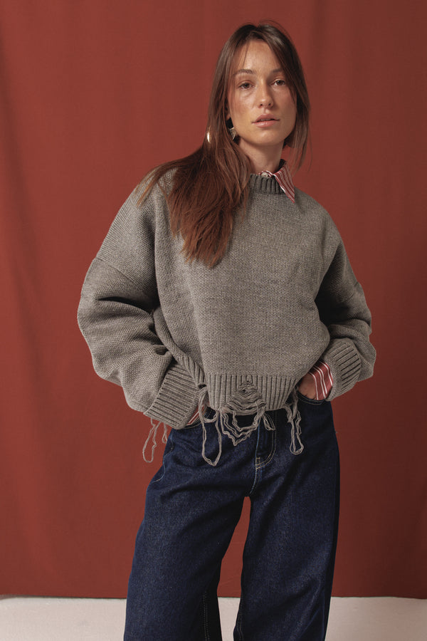 Fringed Sweater in Grey