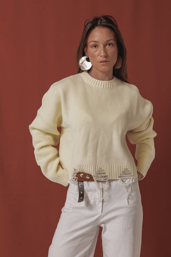 Fringed Sweater in Off White