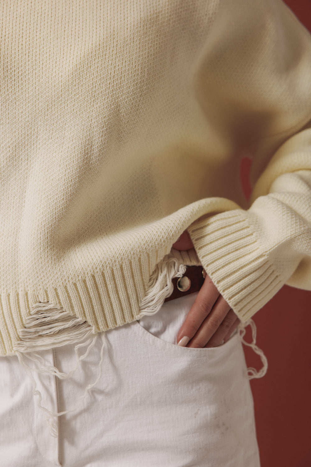 Fringed Sweater in Off White