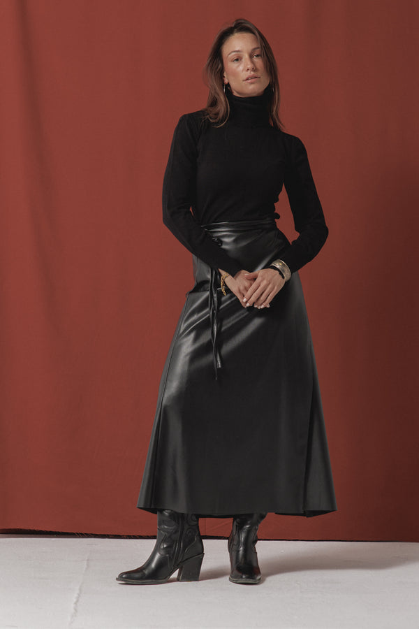 Starlight Leather Wrap Skirt in Black