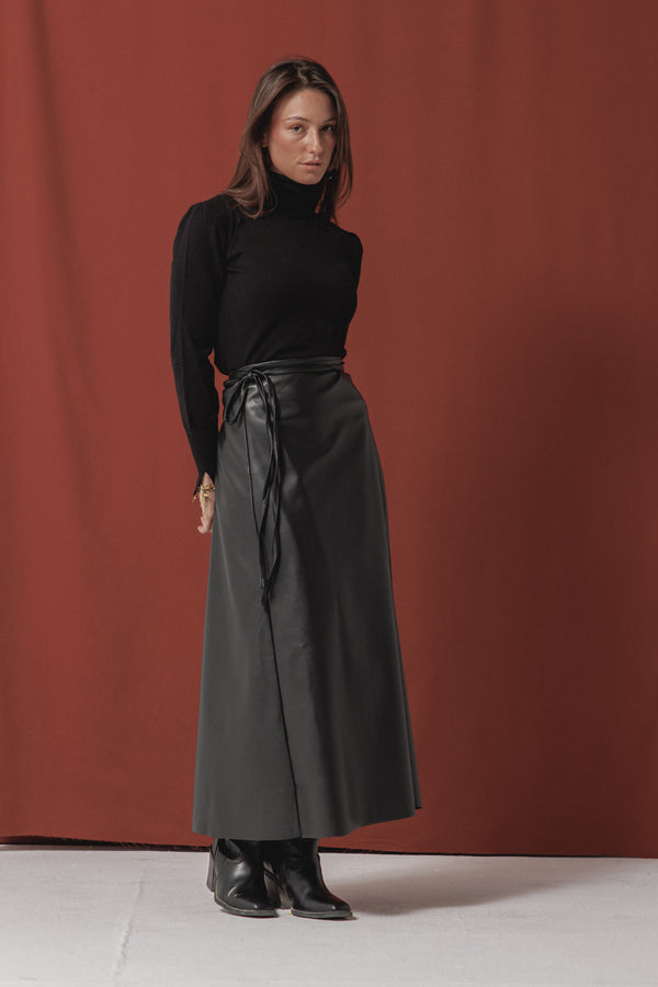 Starlight Leather Wrap Skirt in Black