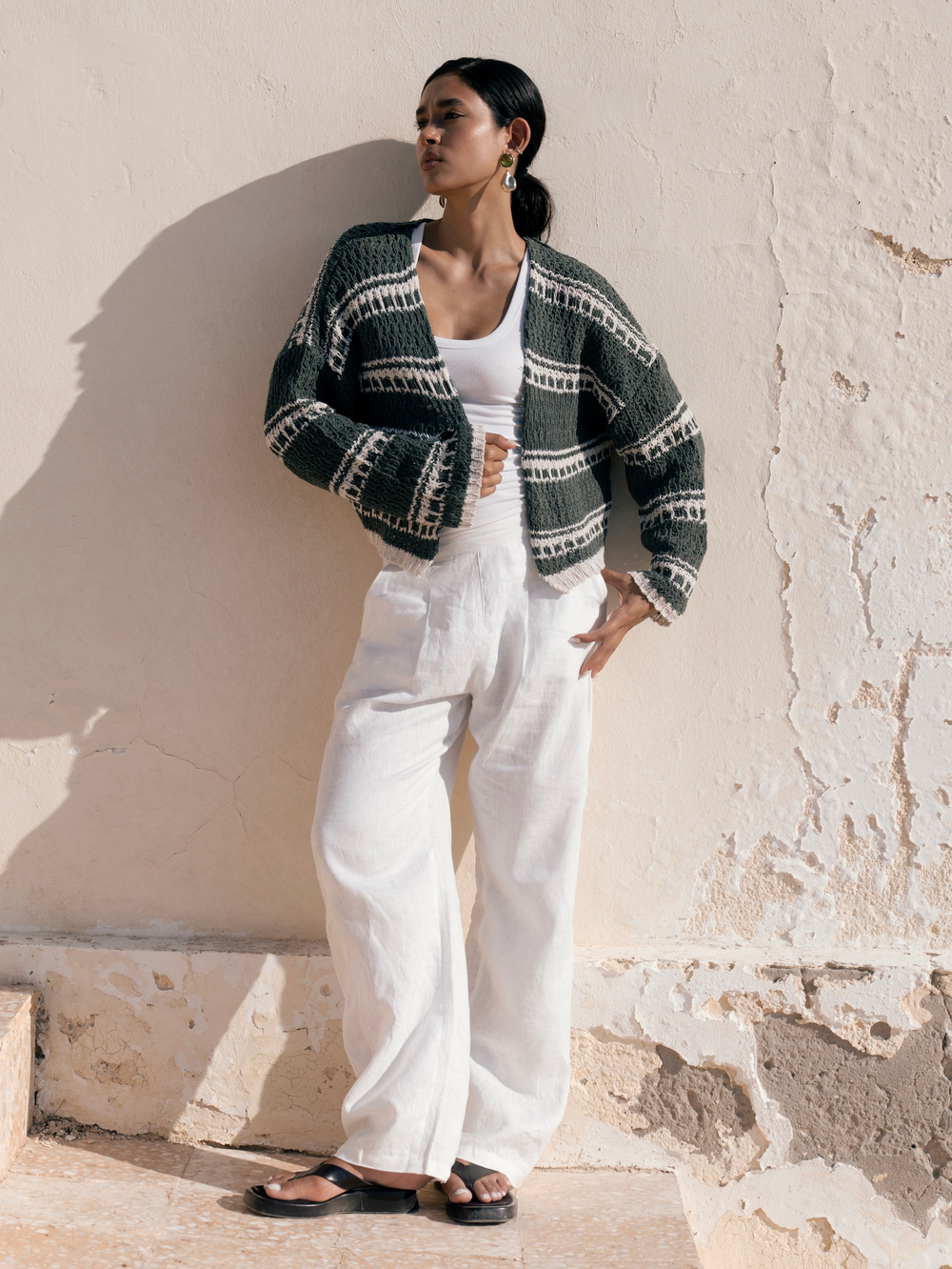 striped cropped oversized cardigan in Olive