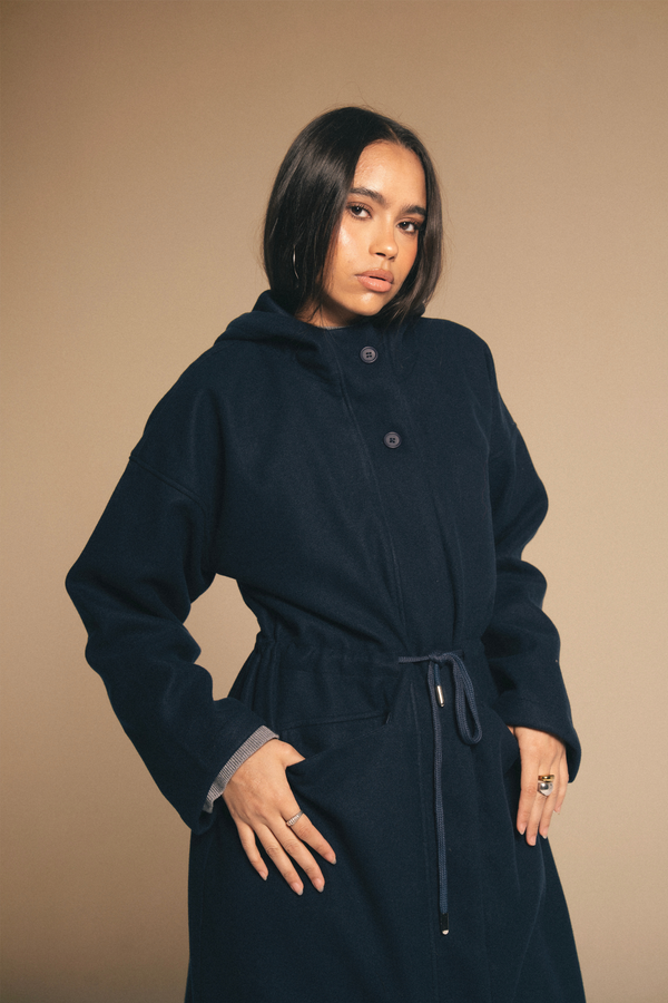 Drawstring Wool Coat in Navy