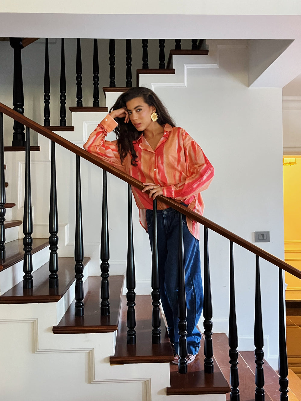 Printed Cotton Shirt in Peach Orange