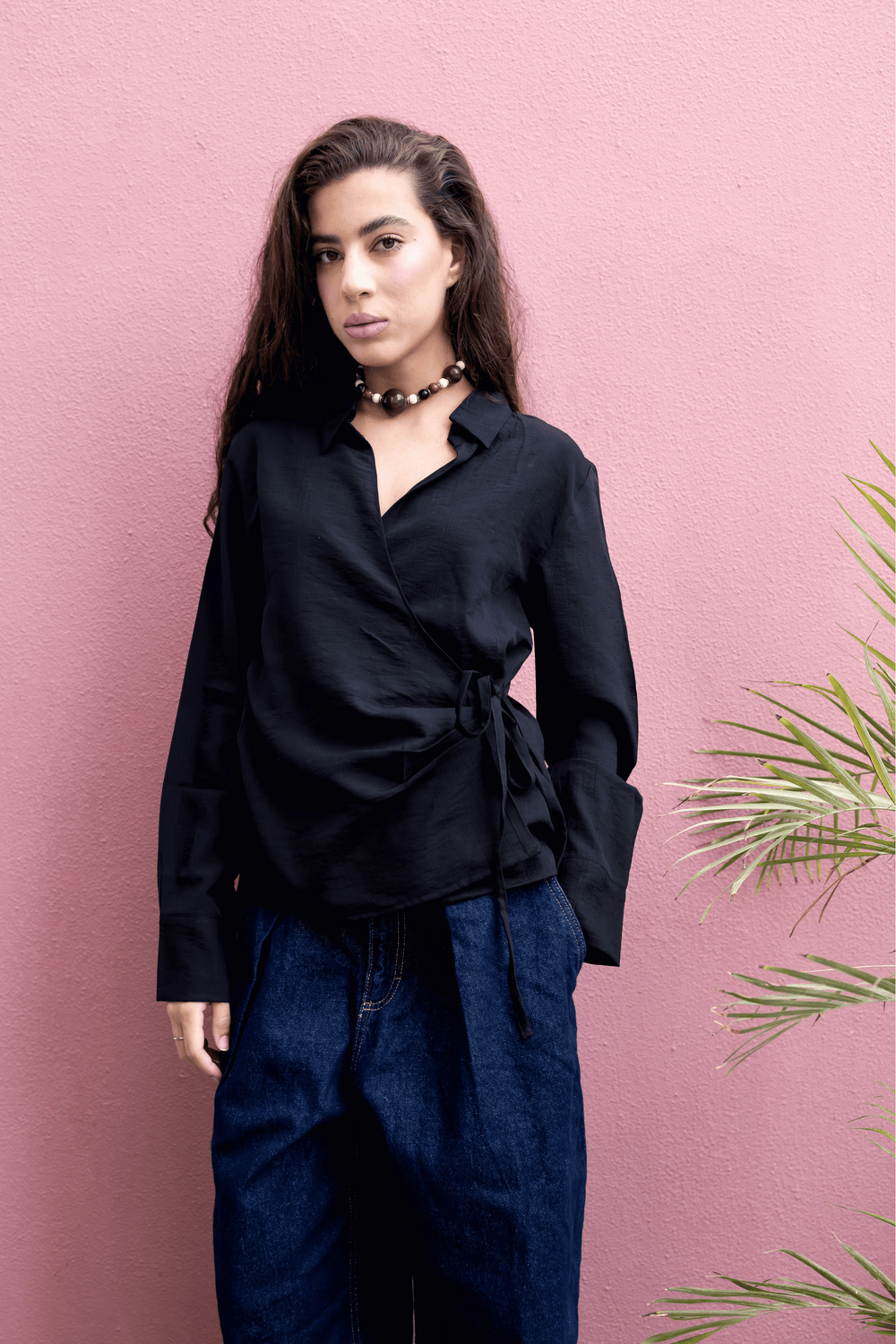 Crinkled Tie Wrap Shirt in Black