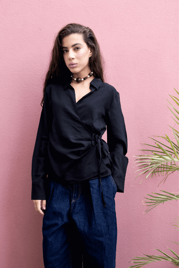 Crinkled Tie Wrap Shirt in Black