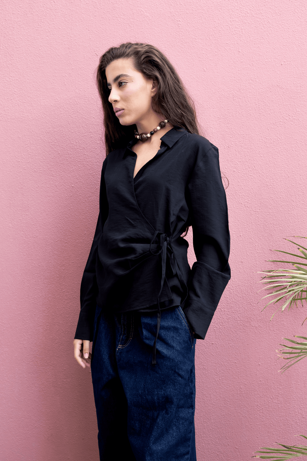 Crinkled Tie Wrap Shirt in Black