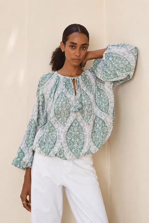 Pleated Balloon Blouse in Green