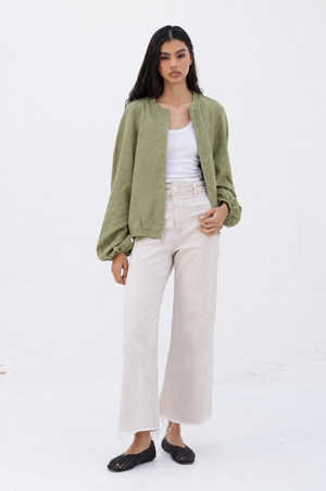 Linen Bomber Jacket in Olive