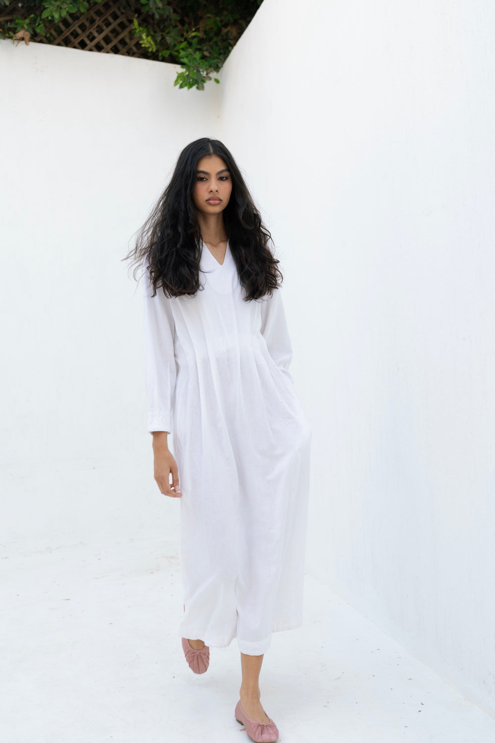 Linen Pleated Midi Dress in Off White