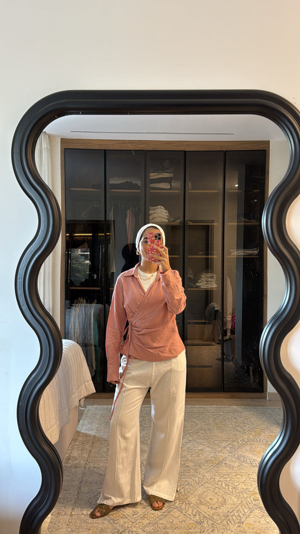 Crinkled Tie Wrap Shirt in Peach