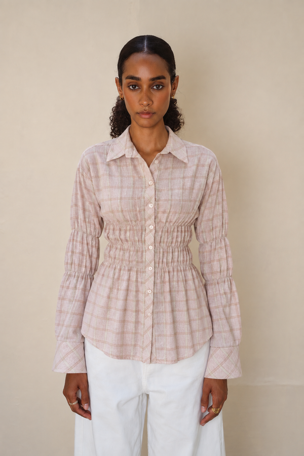 Plaid Scrunched Blouse in Pink