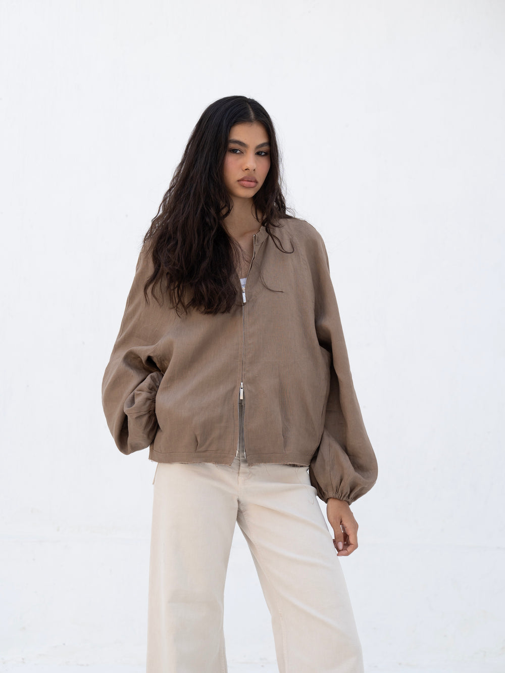 Linen Bomber Jacket in Brown