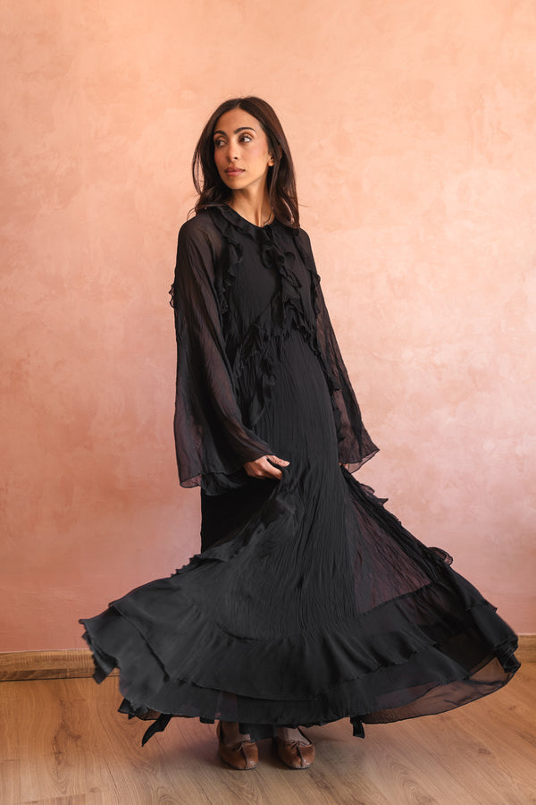 Ruffled Chiffon Dress in Black