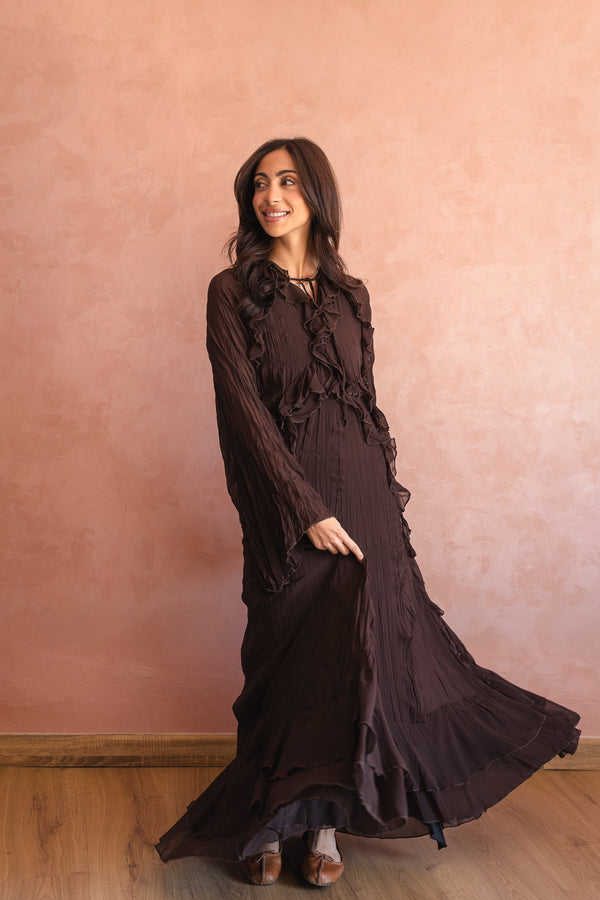 Ruffled Chiffon Dress in Brown