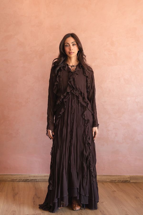 Ruffled Chiffon Dress in Brown