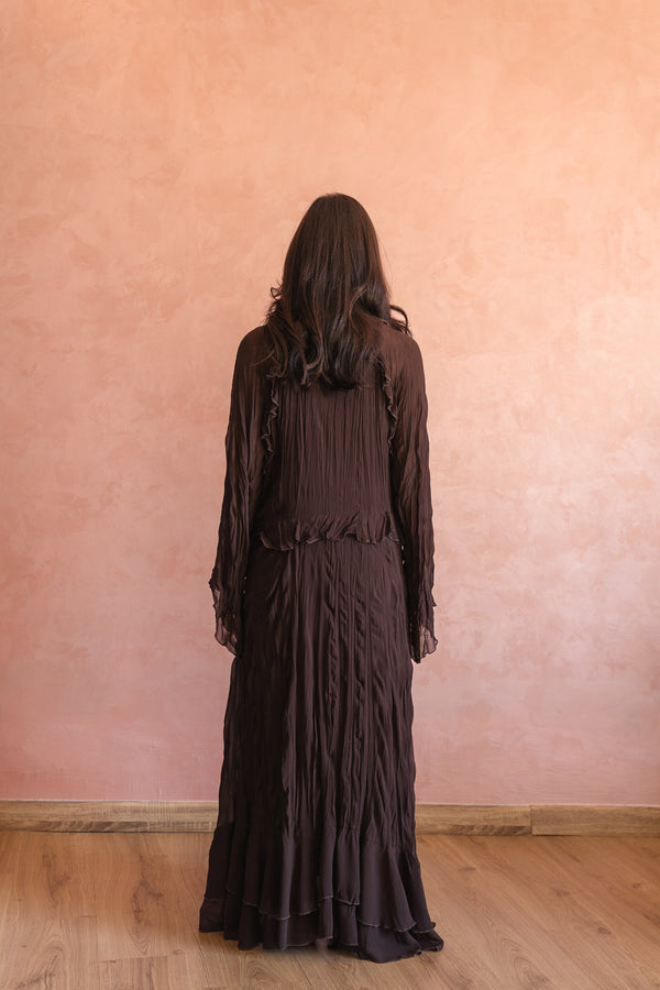 Ruffled Chiffon Dress in Brown
