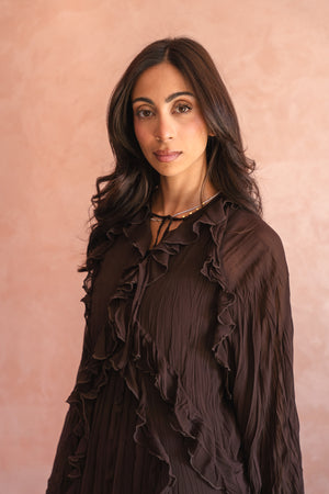 Ruffled Chiffon Dress in Brown