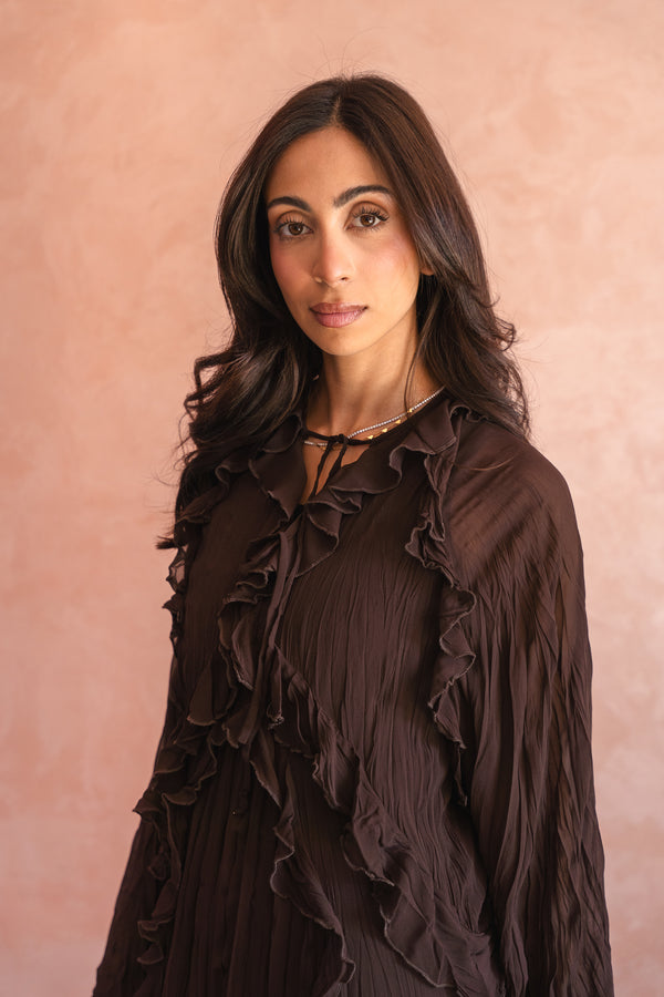 Ruffled Chiffon Dress in Brown