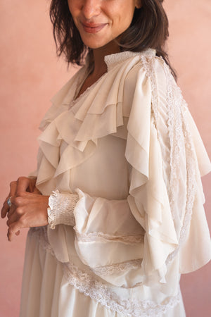 Chiffon Ruffled Blouse With Lace Trim In Beige