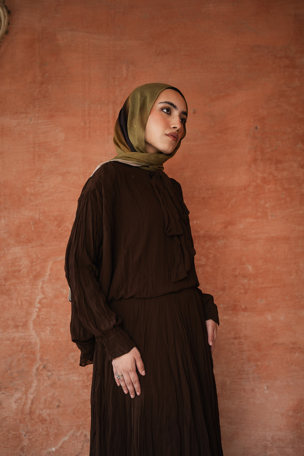 Crinkled Chiffon Top in Brown