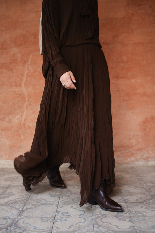 Crinkled Chiffon Skirt in Brown