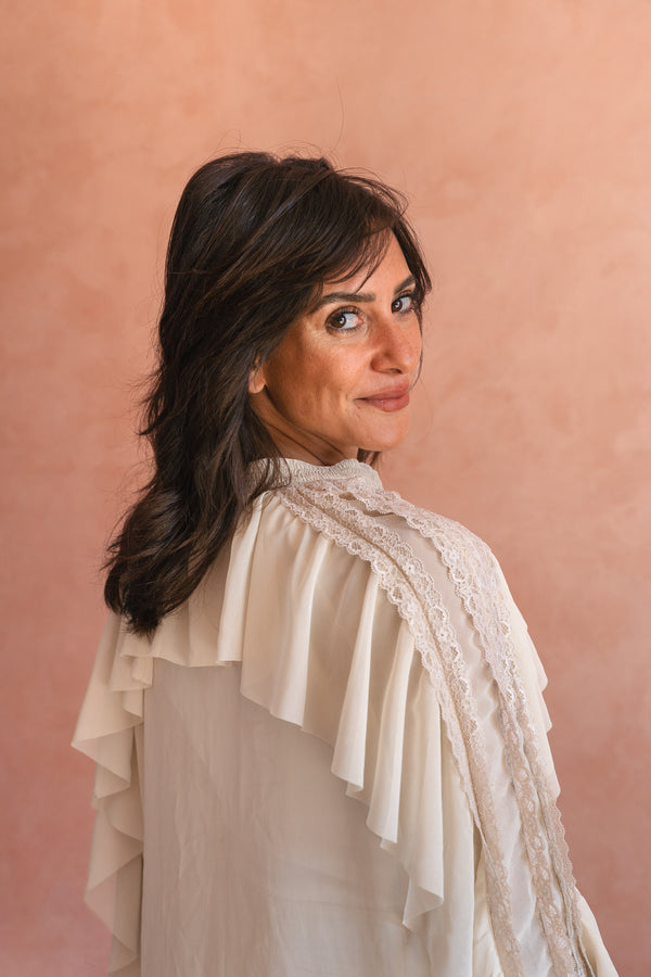 Chiffon Ruffled Blouse With Lace Trim In Beige