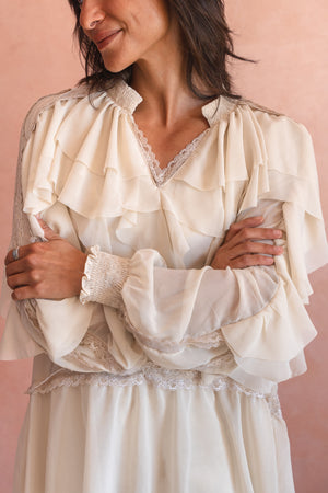 Chiffon Ruffled Blouse With Lace Trim In Beige