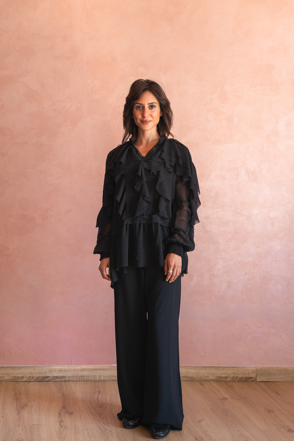 Chiffon Ruffled Blouse With Lace Trim In Black