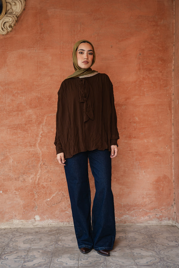Crinkled Chiffon Top in Brown