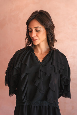 Chiffon Ruffled Blouse With Lace Trim In Black