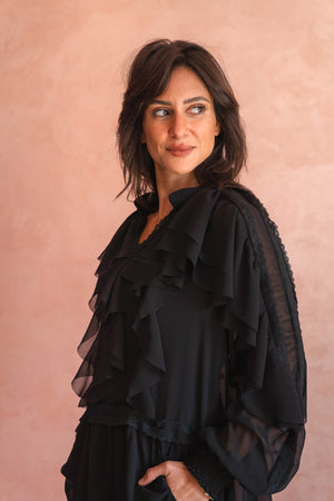 Chiffon Ruffled Blouse With Lace Trim In Black