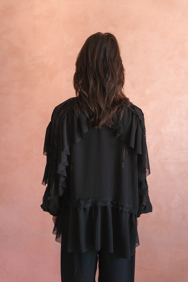 Chiffon Ruffled Blouse With Lace Trim In Black