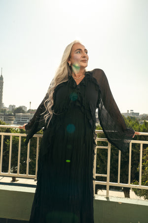 Ruffled Chiffon Dress in Black