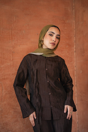 Mandarin Taffeta Set in Brown