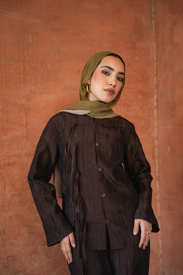 Mandarin Taffeta Set in Brown