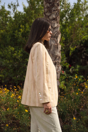 Striped Linen Asymmetric Blazer in Salmon X Gold