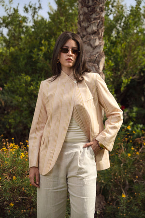 Striped Linen Asymmetric Blazer in Salmon X Gold