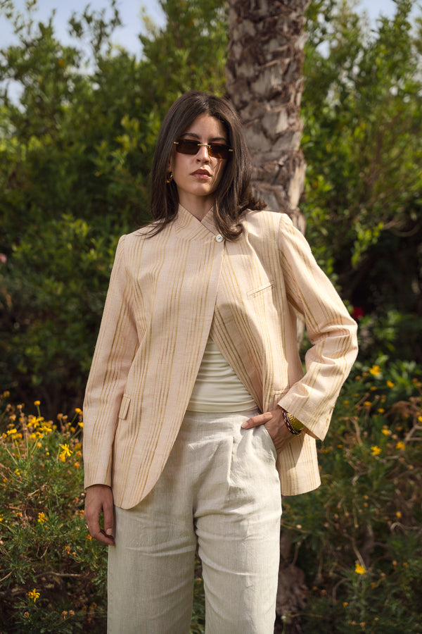 Striped Linen Asymmetric Blazer in Salmon X Gold