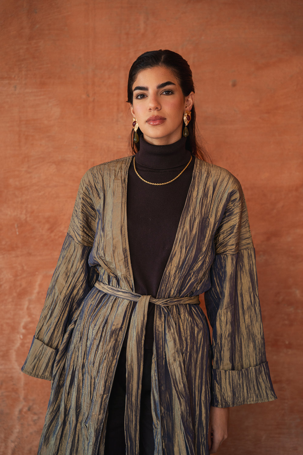 Crushed Taffeta Kaftan in Olive