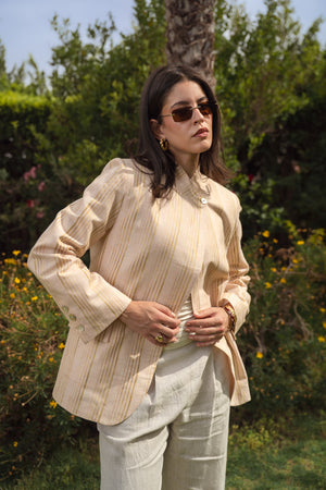 Striped Linen Asymmetric Blazer in Salmon X Gold