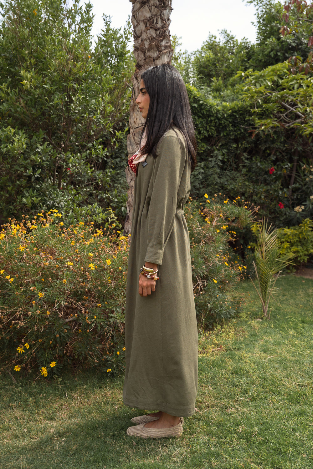 Linen Pleated Midi Dress in Olive