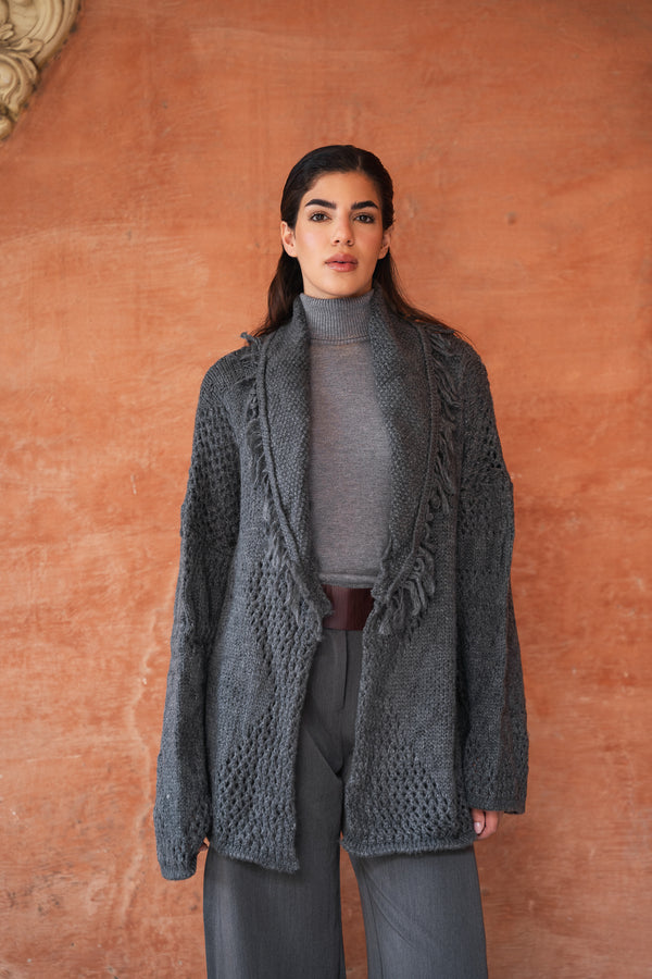 Fringed Cardigan in Grey