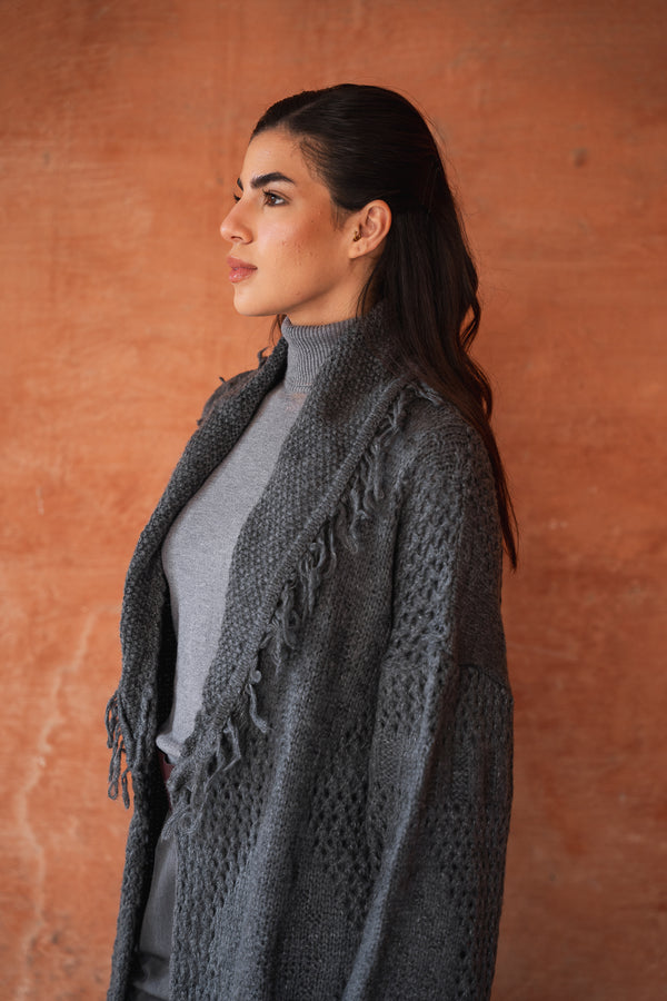 Fringed Cardigan in Grey