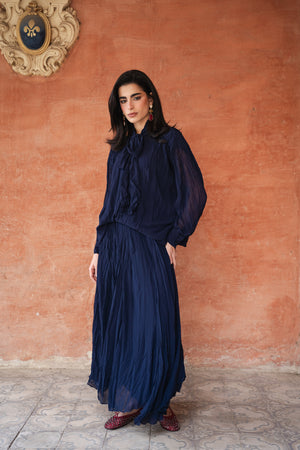 Crinkled Chiffon Skirt in Navy