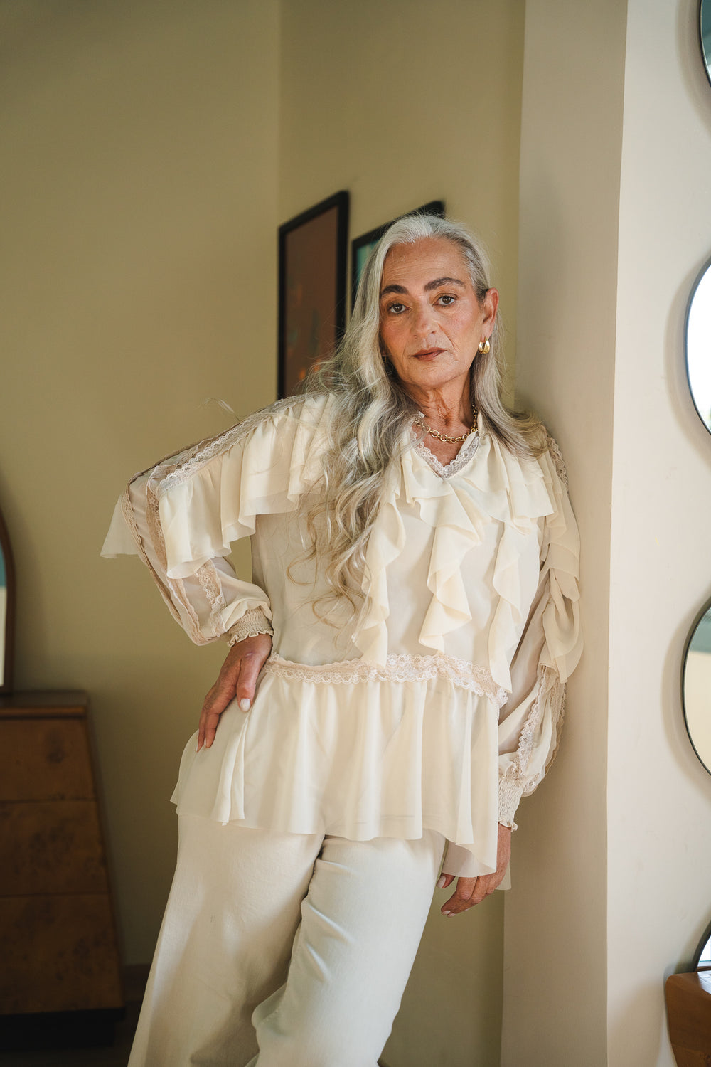 Chiffon Ruffled Blouse With Lace Trim In Beige