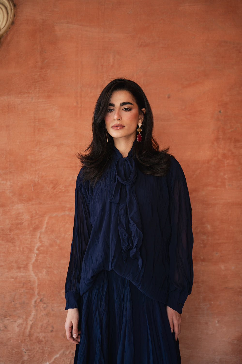 Crinkled Chiffon Top in Navy