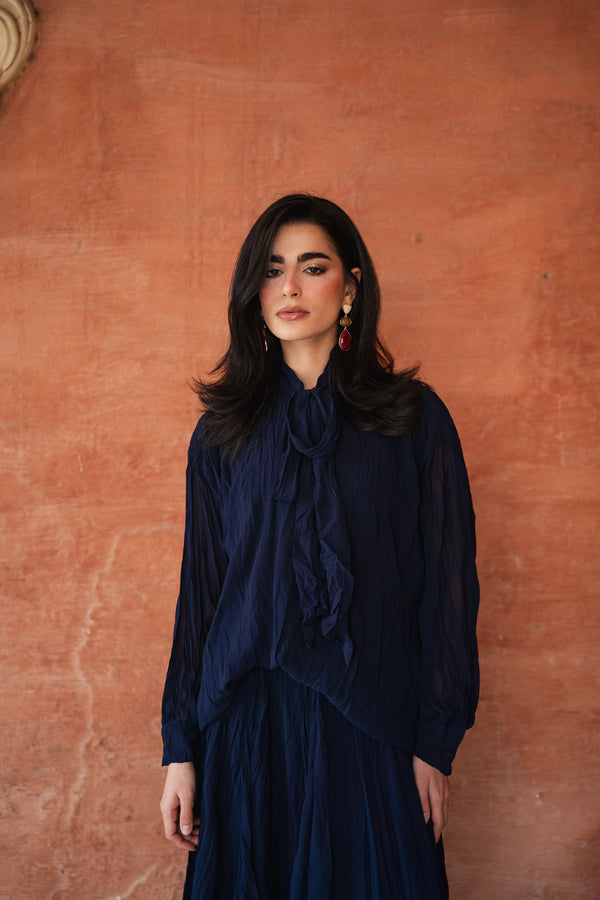Crinkled Chiffon Top in Navy