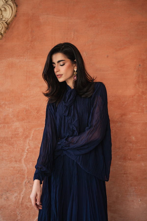 Crinkled Chiffon Top in Navy