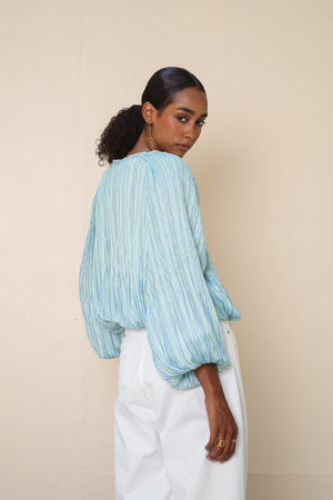 Pleated Balloon Blouse in Baby Blue
